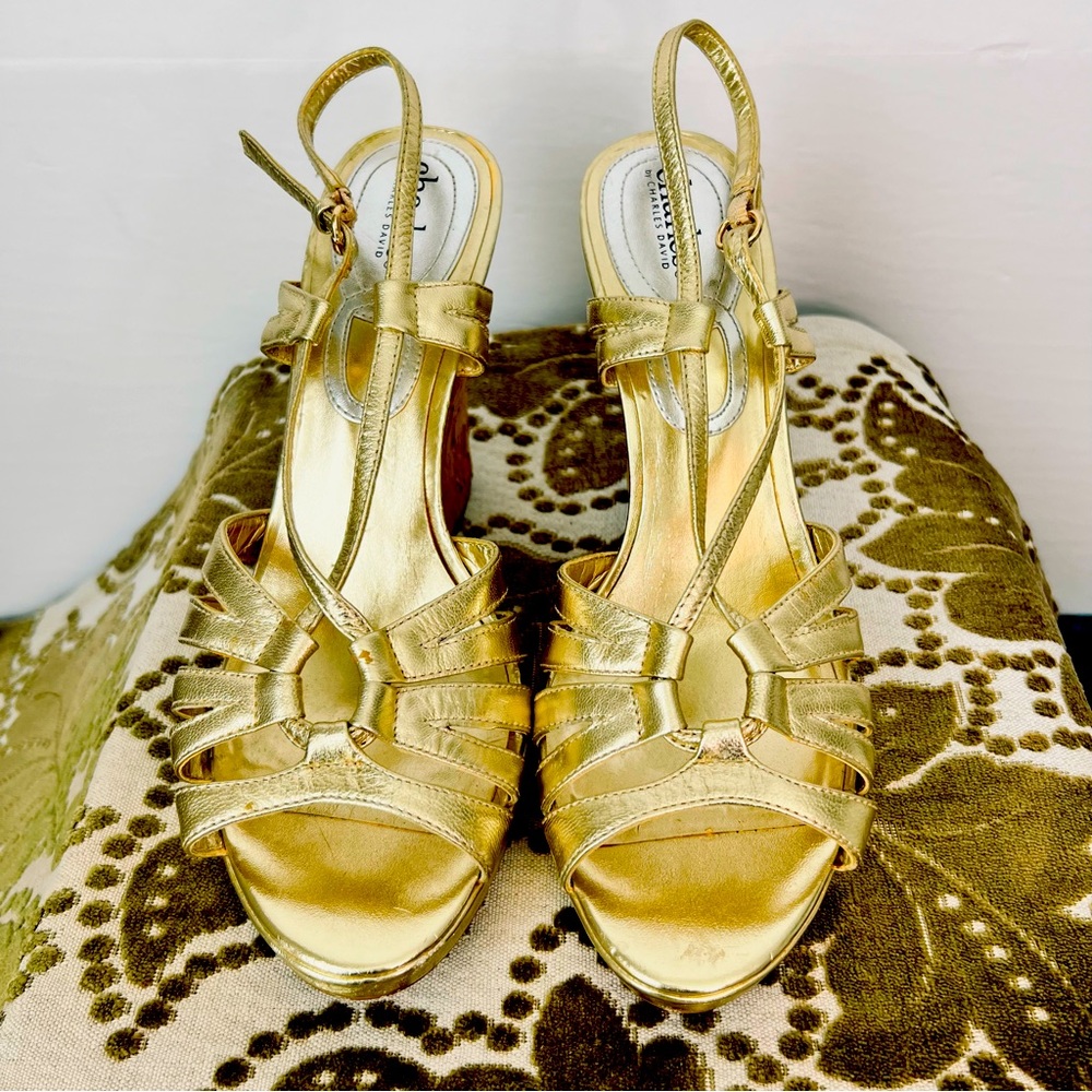 Charles by Charles David Gold Metallic Sexy High Wedge Sandals Size 8.5 M